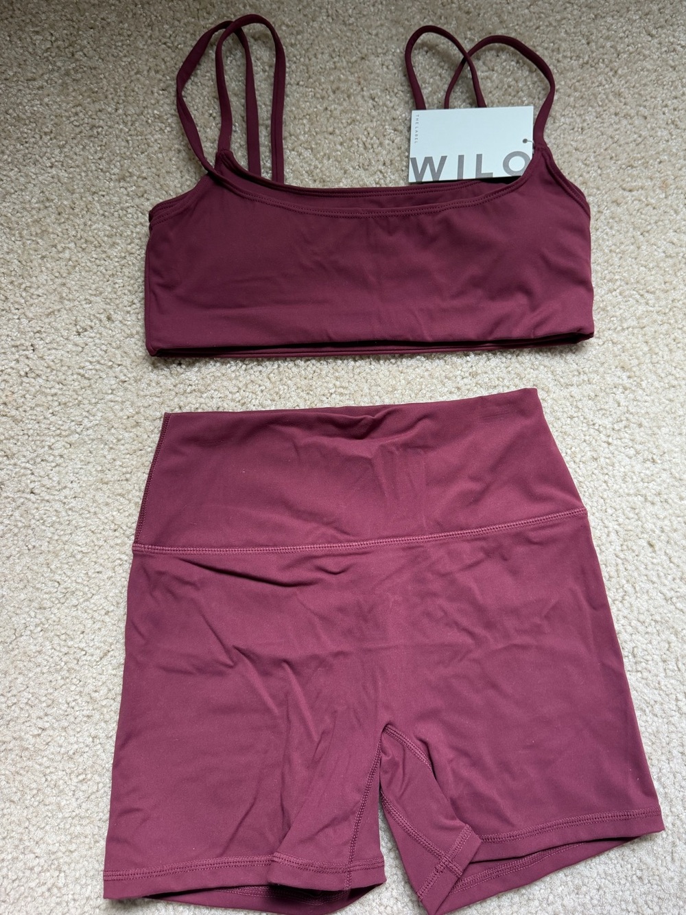 Wilo *SET* Active Strappy Sports Bra and HW Bike Shorts - NWT - Maroon - S - Picture 2 of 2